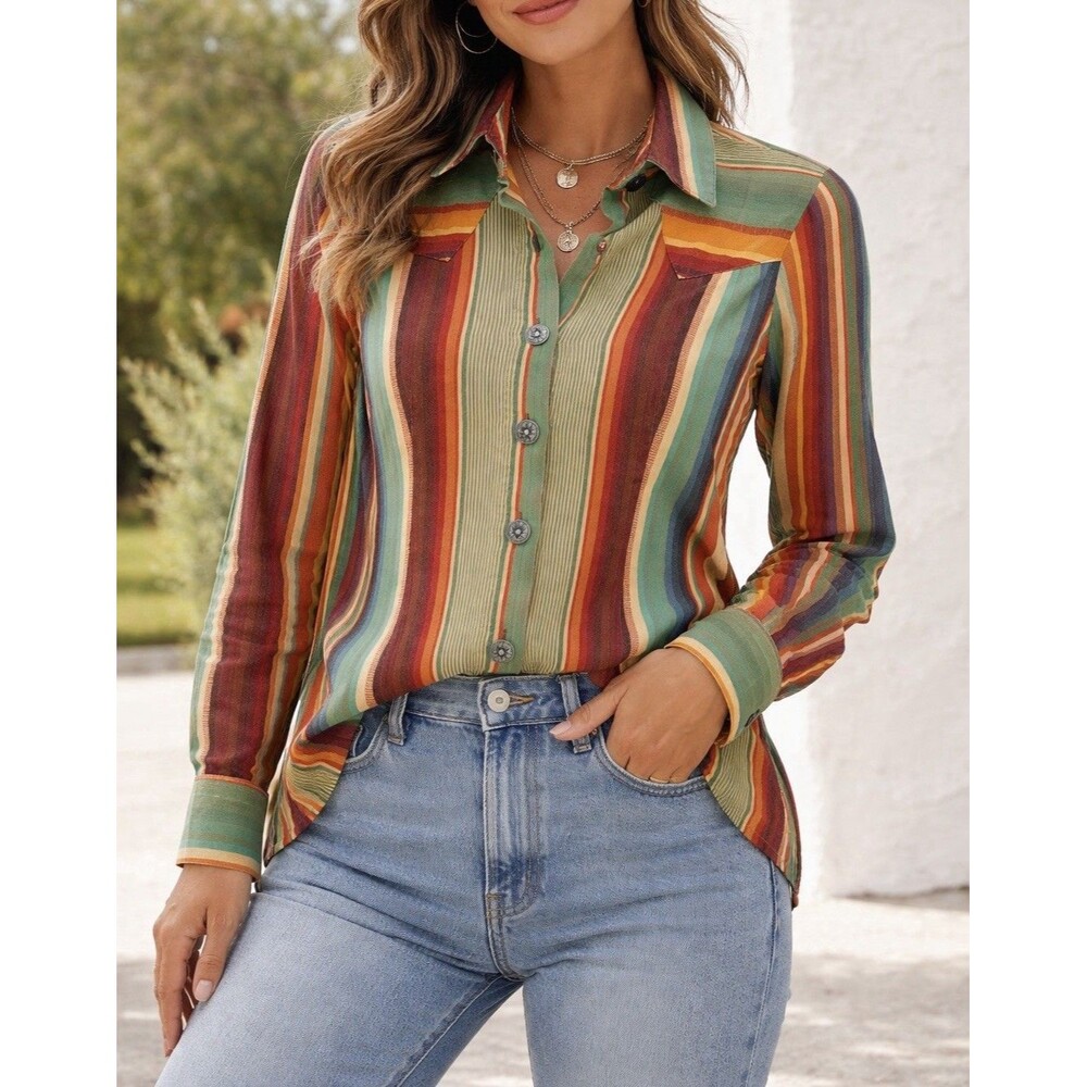 Striped Button-Front Long Sleeve Shirt - Green Multi